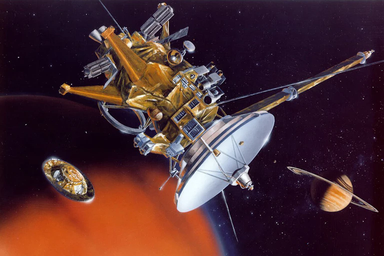 A spacecraft approaching a planet.