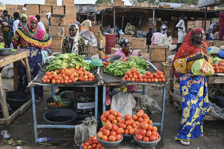 Women show off their wares, mostly tomatoes and leafy green vegetables, on tables at a busy market
