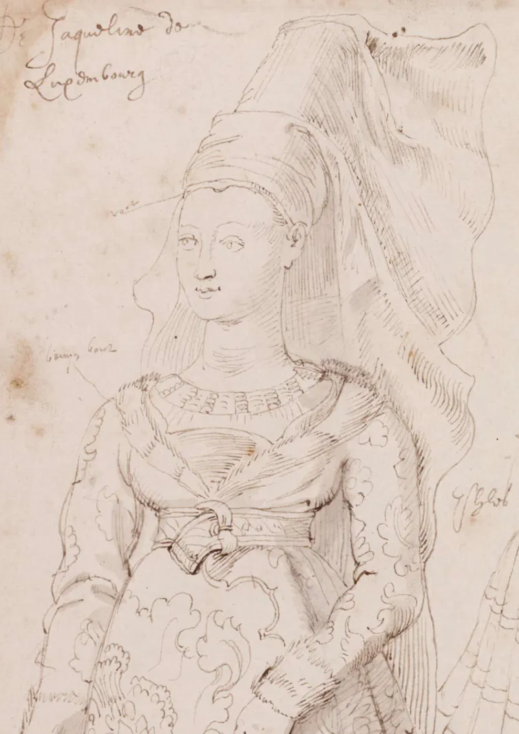 Pencil drawing of Jaquetta of Luxembourg in a tall hat.