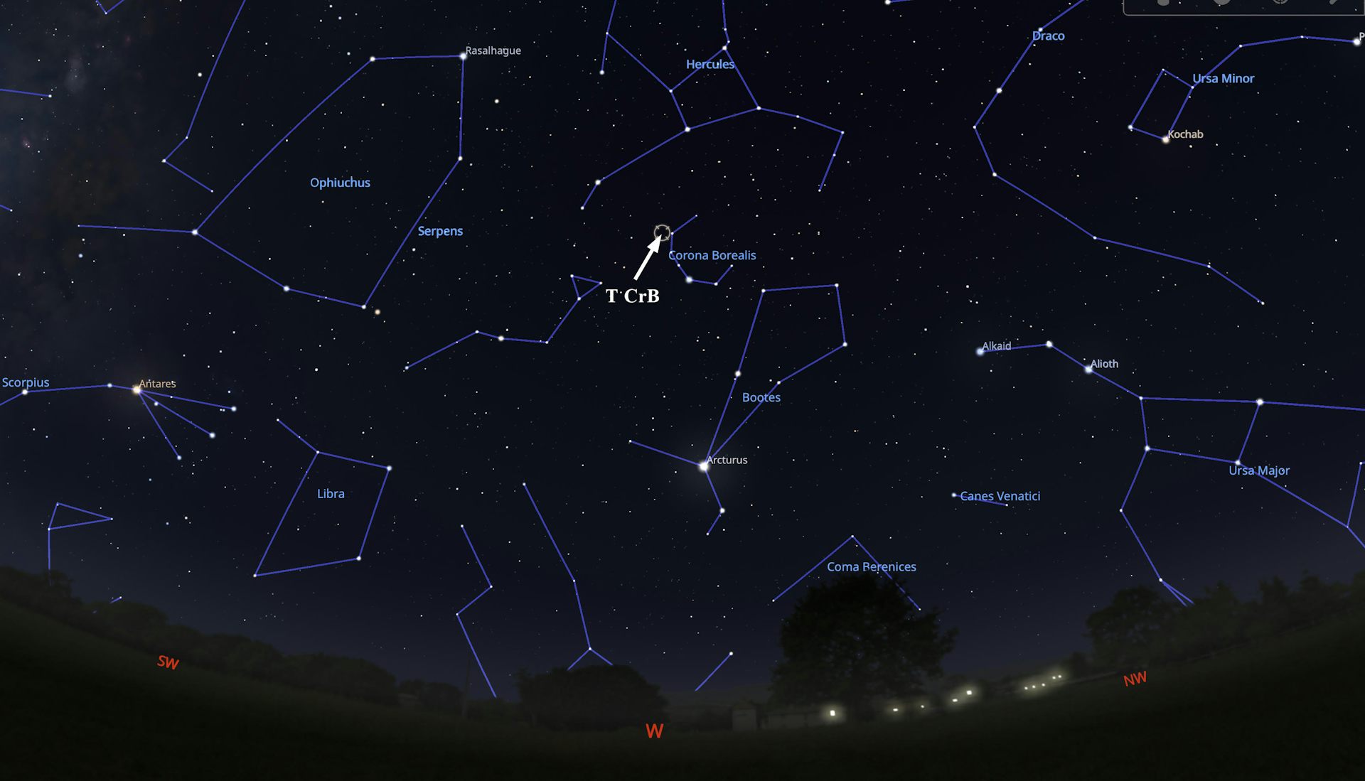 A map showing constellations, with T CrB circled above the bright star Arcturus.