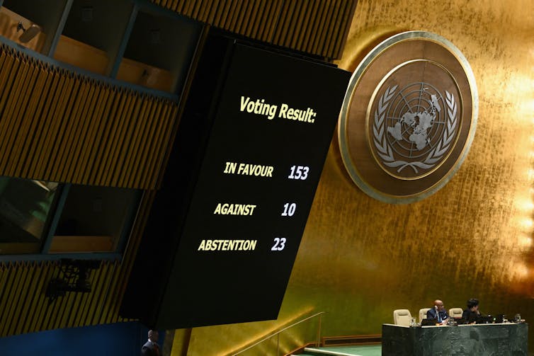 Voting results board at UN General Assembly
