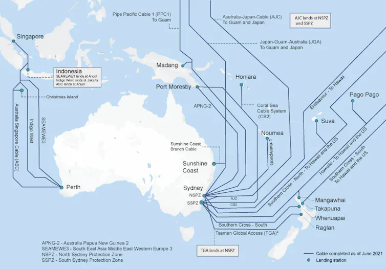 Map of undersea internet cables near Australia