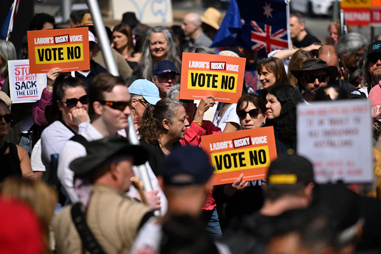 Rally of 'no' voters holding placards