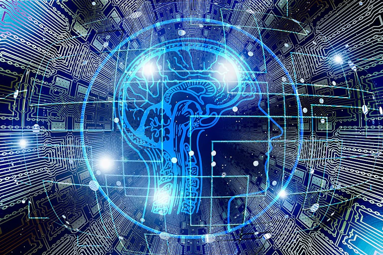 Visualization of Artificial Intelligence combining a human brain schematic with a circuit board