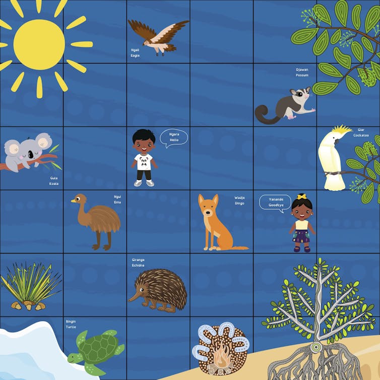 Grids with drawings of animals and people and words in English and Wakka Hakka.