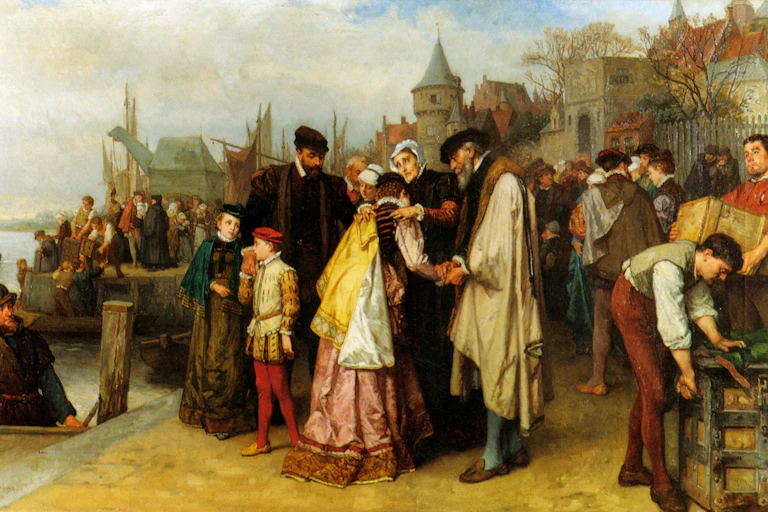 A painting showing a number of Dutch migrants gathering at the docks