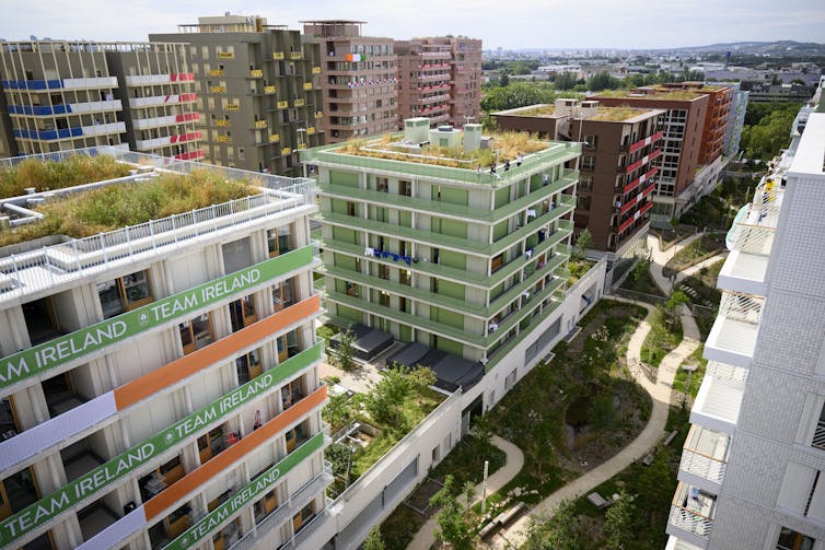 An aerial view of high-rise temporary housing.