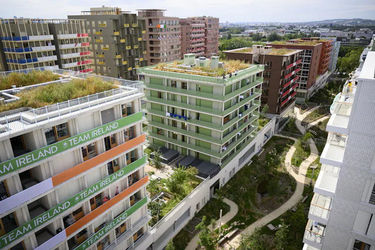 An aerial view of high-rise temporary housing.