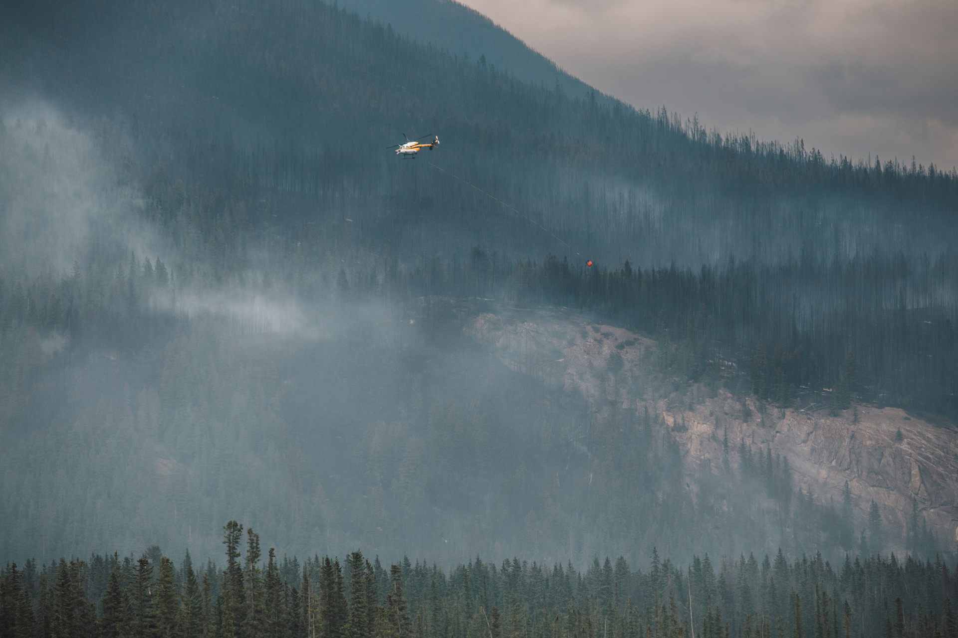 A helicopter carrying a water bucket flies over a forest.