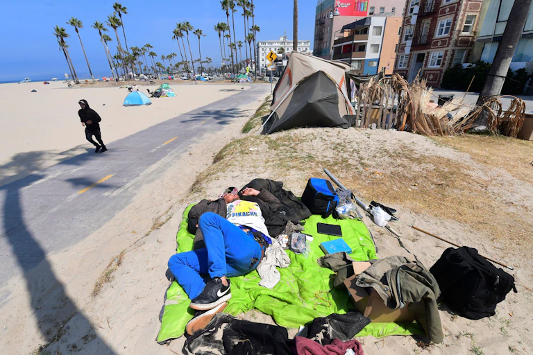 Homeless encampments along the famed Venice Beach Boardwalk