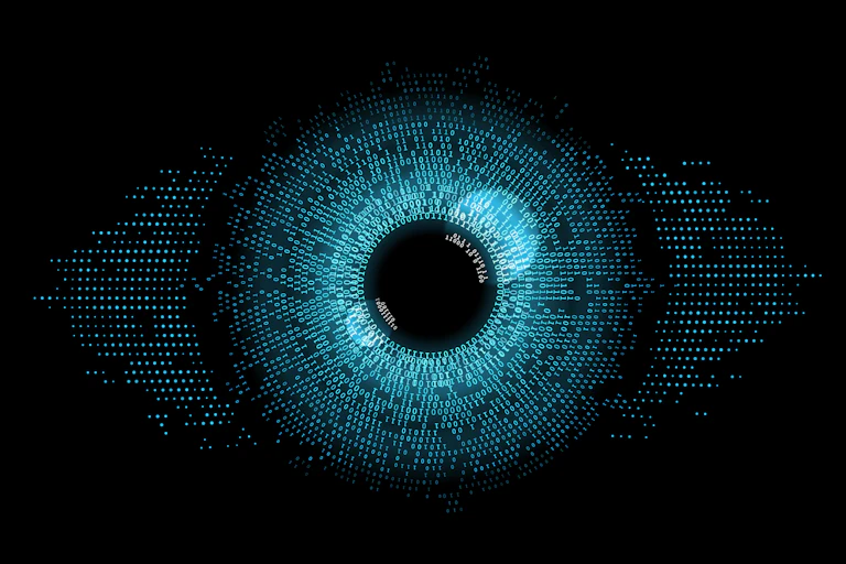 Illustration of eye composed of teal ones and zeros and small dots against a black background