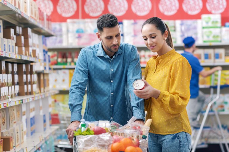 A young couple pushing a filled shopping cart in a supermarket examine the nutritional label on a can of food.