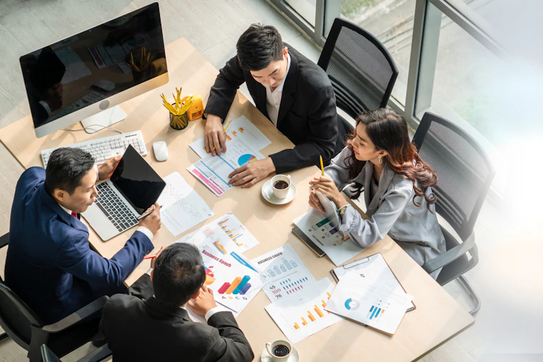Aerial view of business people meeting in an office