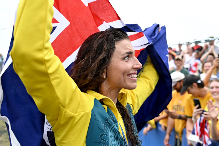 Australian canoeist Jessica Fox reacts after winning gold