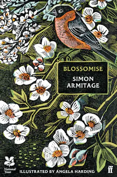 illustrated book cover with flowers, title words Blossomise Simon Armitage, Illustrated by Angela Harding