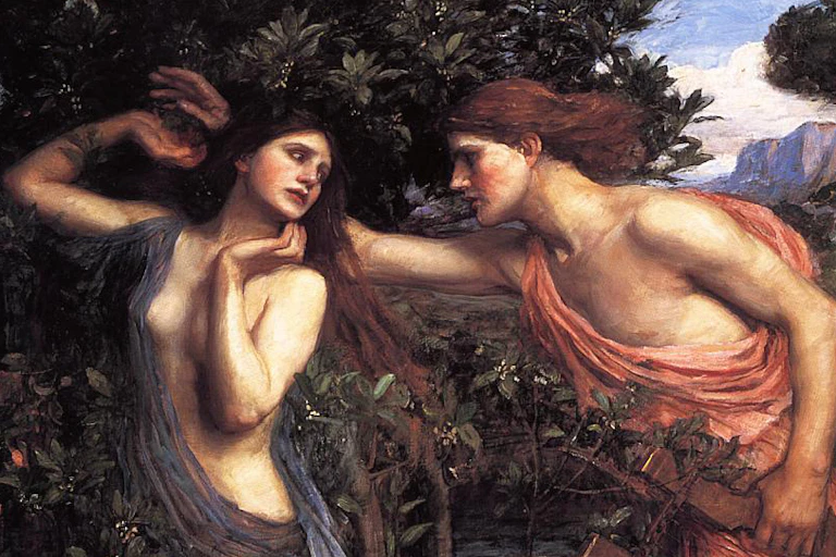 A painting of a man in toga leaning into a woman who looks scared or unsure