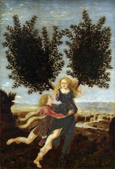 Painting of a woman with trees for hands, a man holding her waist.