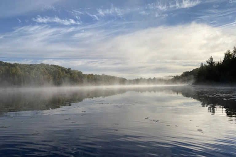 Trees, clouds and fog surround a body of water