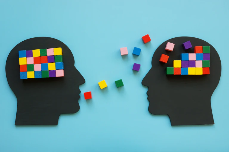 Two outlines of human heads. Colored blocks are arranged in a neat rectangle in the head to the left. More colored blocks flow from the mouth into the head on the right, where they are assembling into the same shape.