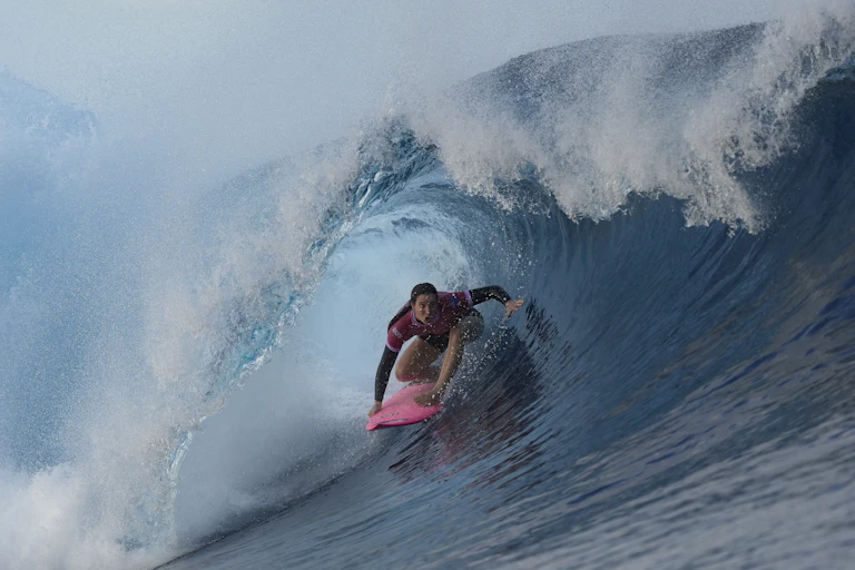 Tyler Wright, of Australia, surfs during the third round of the 2024 Summer Olympics surfing competition, Thursday, Aug. 1, 2024, in Teahupo'o, Tahiti.