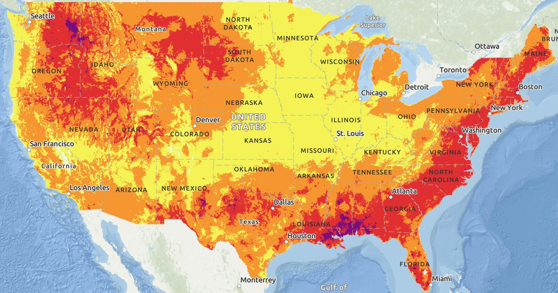 Large areas of excessive heat were over the Northwest quarter of the country and the southwest and East Coast.