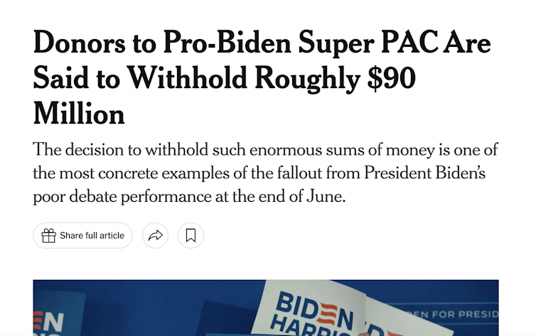 A headline on a New York Times story from July 12, 2024, about wealthy donors using their money to pressure Joe Biden to drop out of the presidential race.