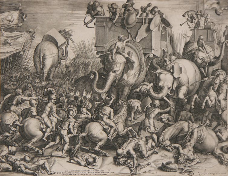 An engraving by Dutch artist Cornelis Cort depicts the Battle Between Scipio and Hannibal at Zama.