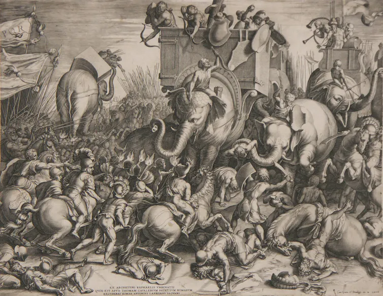 An engraving by Dutch artist Cornelis Cort depicts the Battle Between Scipio and Hannibal at Zama.