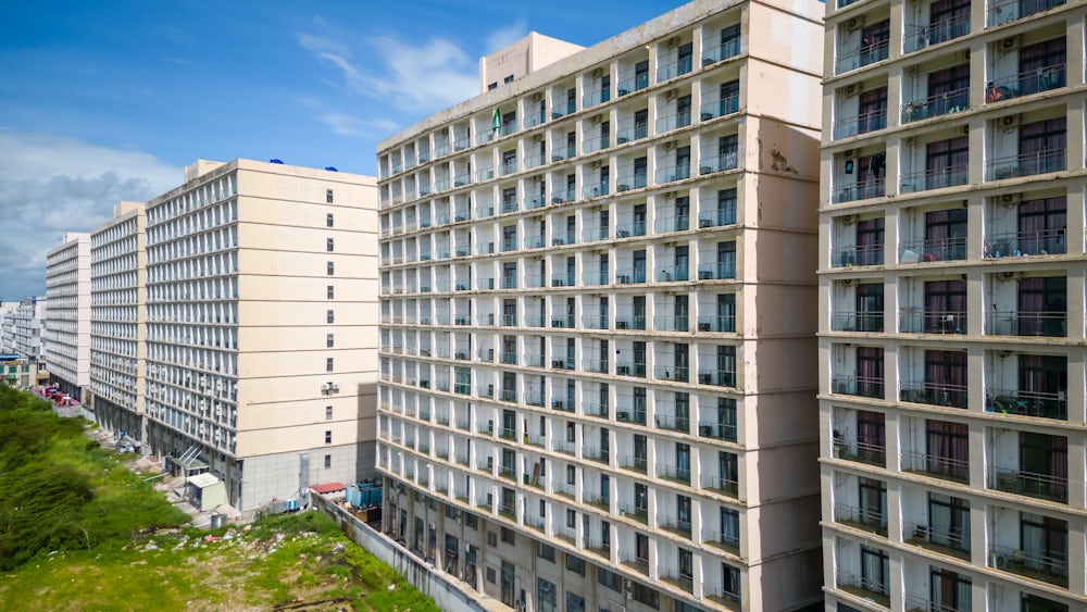 Aerial view of some of the buildings in the Jinshui compound, Otres Village, Sihanoukville, Cambodia.