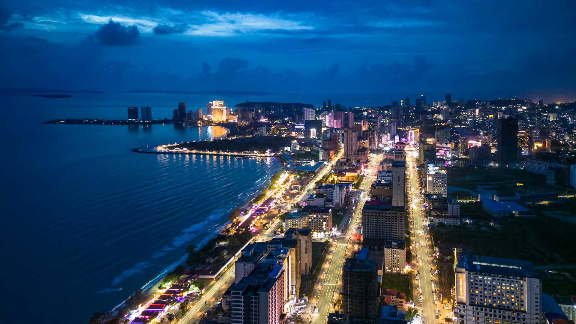 A night aerial shot of Sihanoukville, Cambodia.
