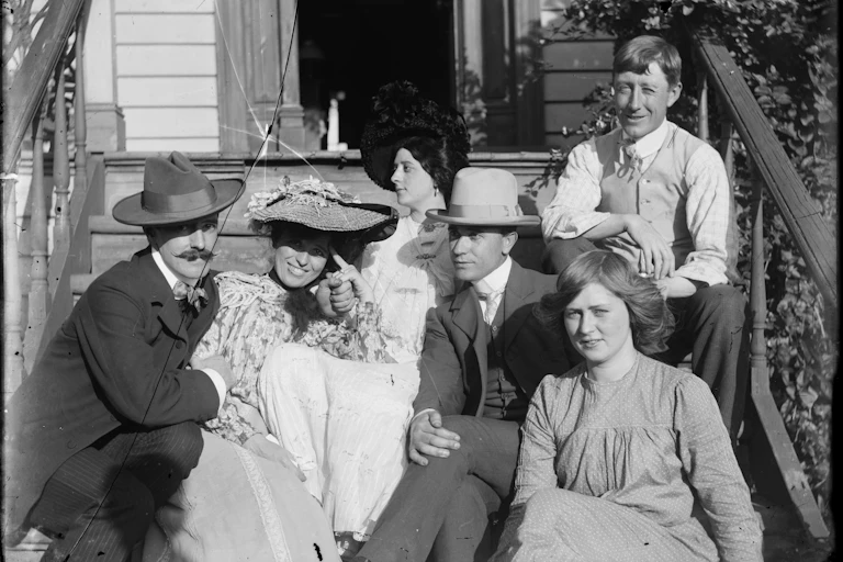 Black and white photograph of six adult siblings.