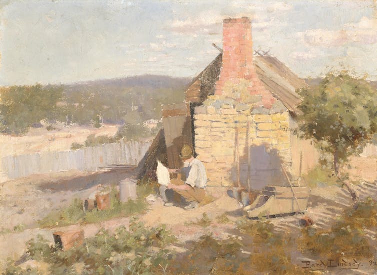 An oil painting of a hut in an Australian landscape.
