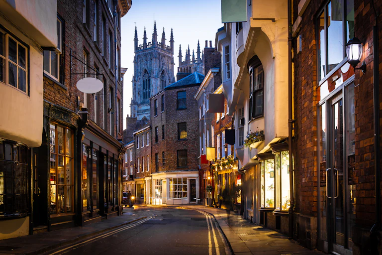 A street in York at dusk.