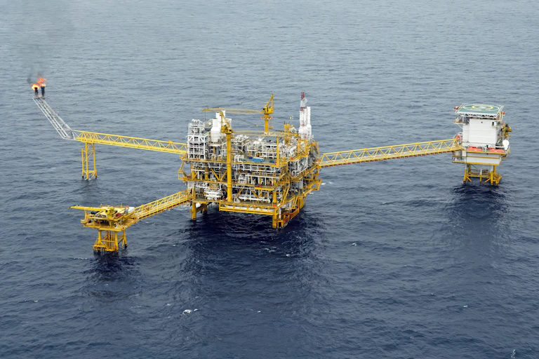 An aerial image of an oil and gas platform