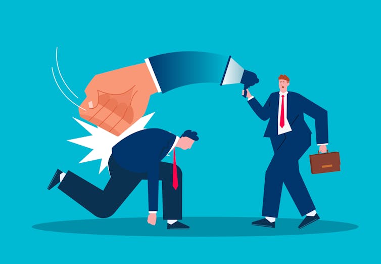 Illustration in which a fist inside a manager's megaphone hits a businessman hard in their backside.