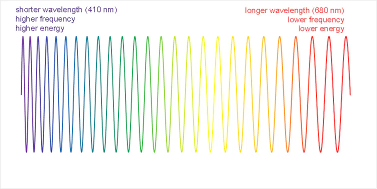 A sine curve colored the colors of the rainbow. The left side, which is violet, has higher frequency and shorter wavelength. The right side, which is red, has lower frequency and longer wavelength.