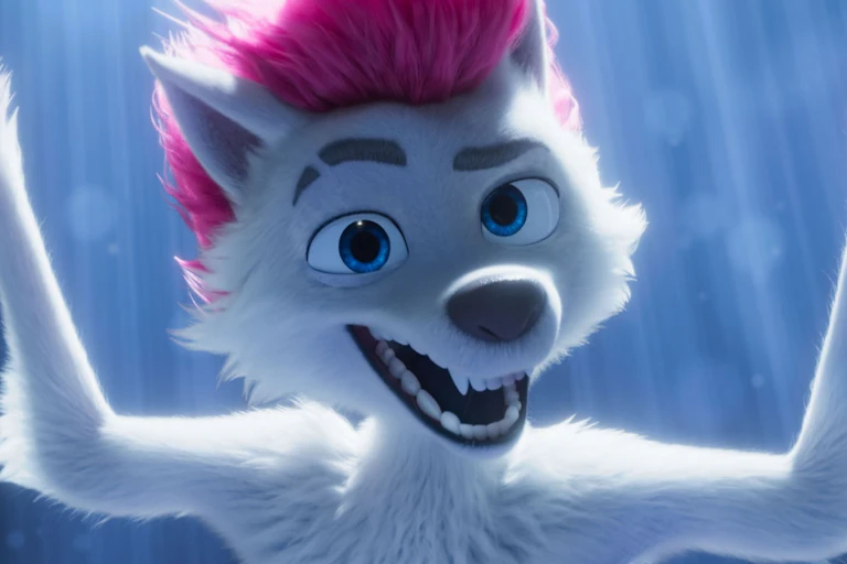 An animated wold with pink hair raises its arms in a shrug.
