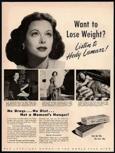 An advertisement for the weight loss products, Ayds, starring Hollywood star Hedy Lamarr.
