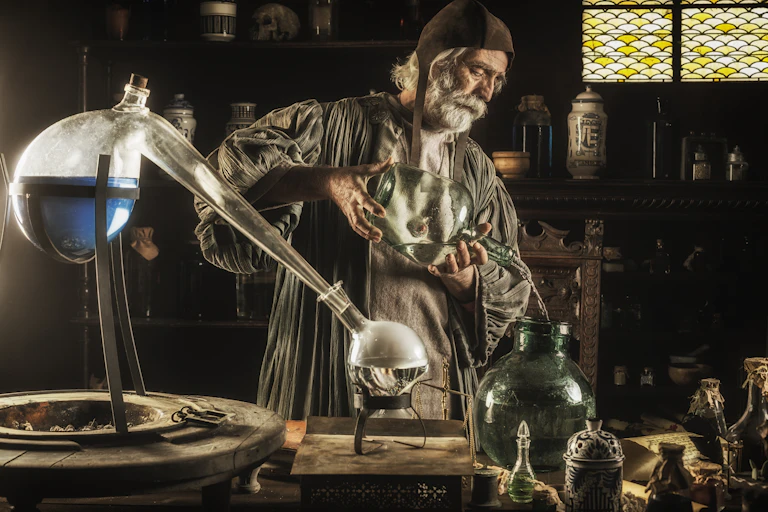 medieval alchemist working in his lab with flasks in foreground
