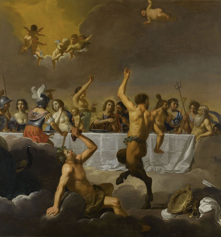 Painting of a dinner table with gods prancing