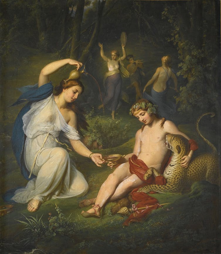 Painting of young boy with leopard and woman leaning into him.