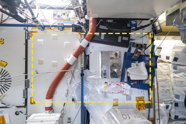 A wall of a module with a red plastic tube, a blue handrail, and many velcro patches. There is a superimposed rectangle made of a yellow dotted line.