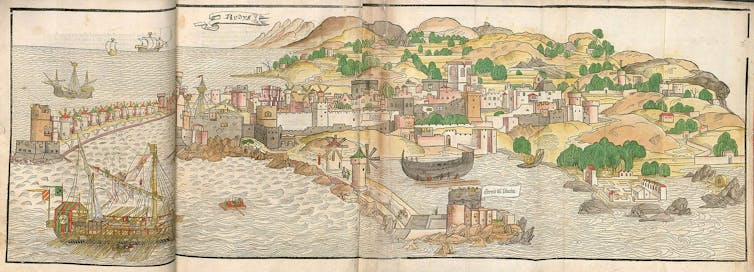 A drawing of an island, shown in muted colors, with hills and ships in the harbor.