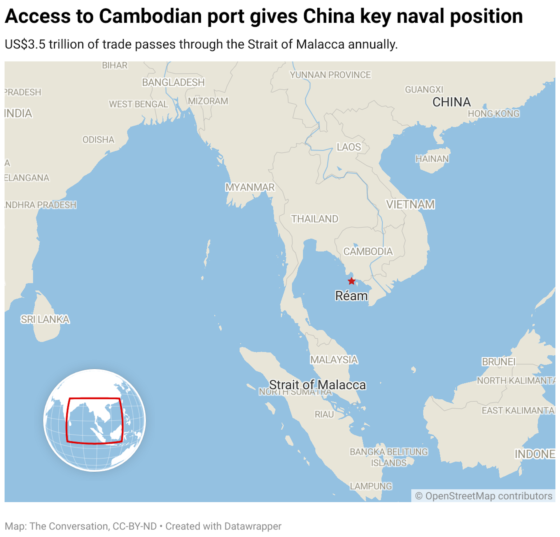 A map of Asia highlighting the location of the Strait of Malacca.
