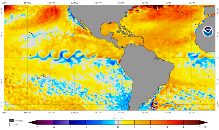 A map showing warming than normal sea surface temperatures in the Atlantic and Gulf of Mexico.