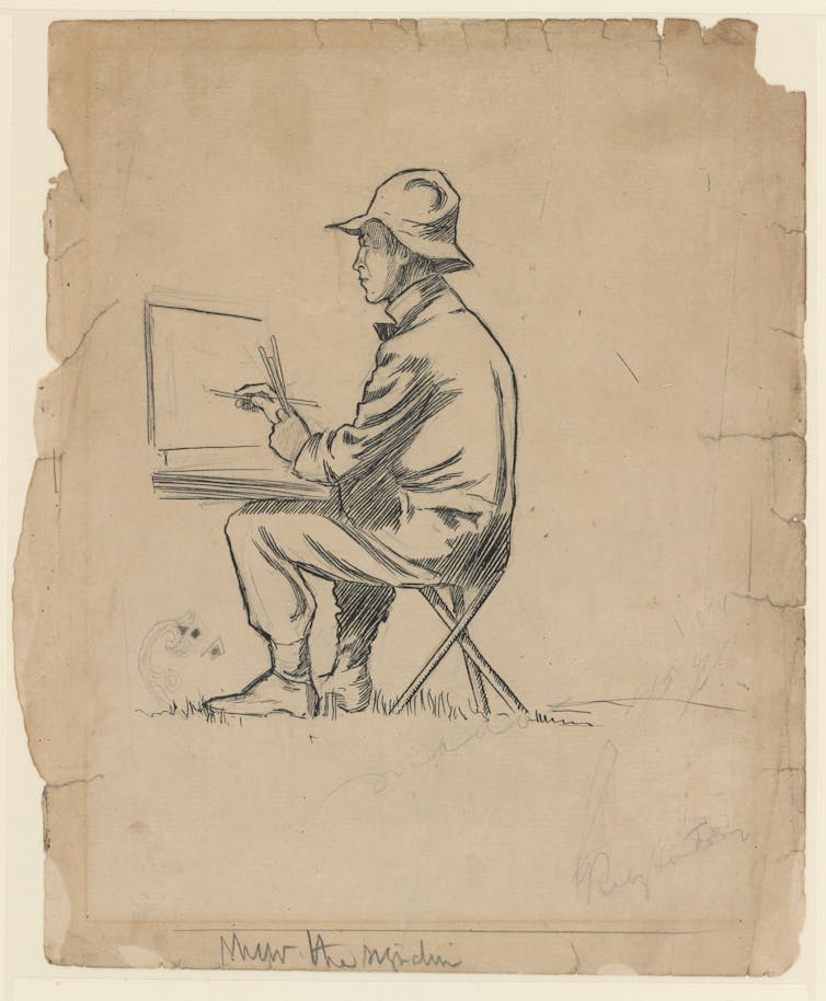 A pencil sketch of a man at an easel.