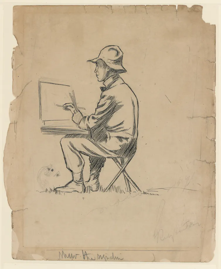 A pencil sketch of a man at an easel.