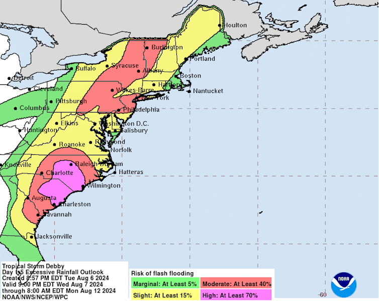 A map shows areas with heavy rainfall most likely over the Carolinas and in the Mid-Atlantic, over parts of Pennsylvania, New Jersey and New York.