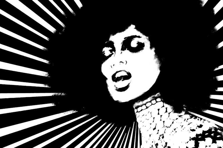 A black and white illustration of a woman with an Afro hairstyle singing, black and white lines in the background.