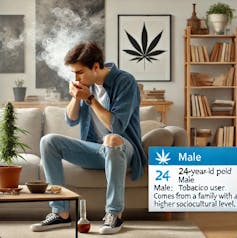 Imagem de IA mostra jovem branco, calça jeans e tênis, numa sala bem decorada, com quadros e uma estante de livros ao fundo, sentado num sofá fumando maconha